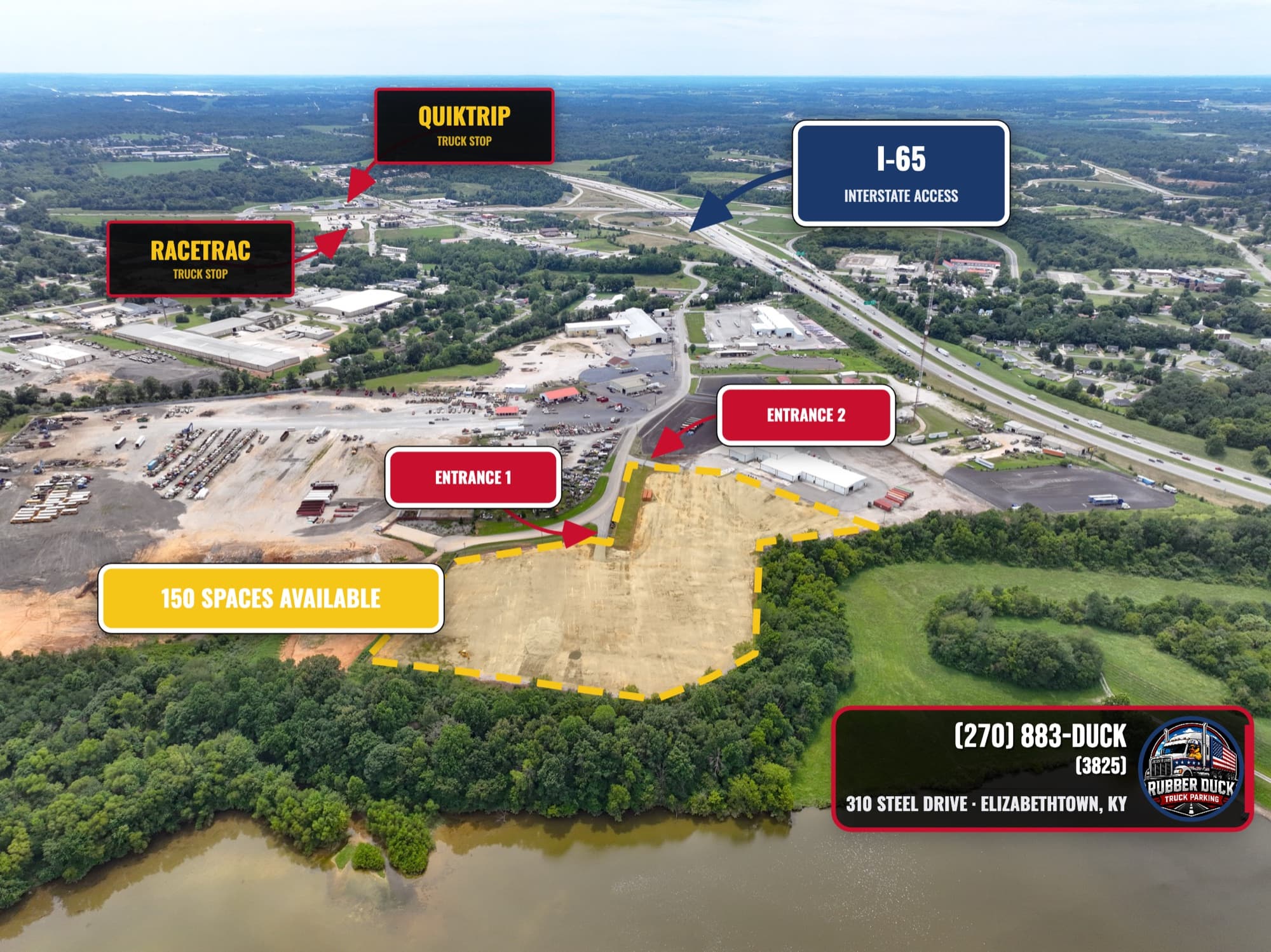 Aerial view of Rubber Duck Truck Parking near I-65 in Elizabethtown, KY